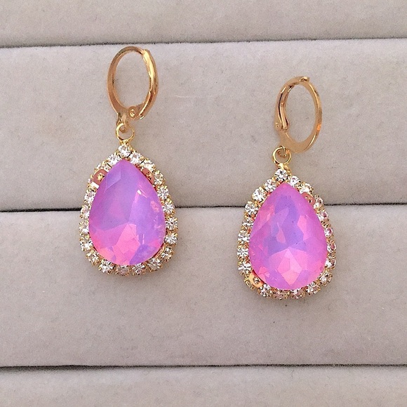 Jewelry - Pink-Purple Opal Aurora Borealis + Gold Crystal Halo Pear Drop Earrings